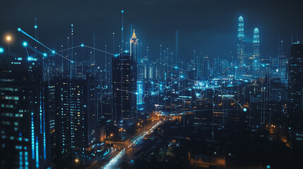 Fototapeta premium Smart digital Innovation city with connection network reciprocity over the cityscape. of future smart wireless digital city and social media networking systems that connects people with in city