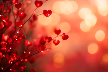 Red heart-shaped decorations with glowing lights on branches against a blurred romantic background, ideal for Valentine's Day