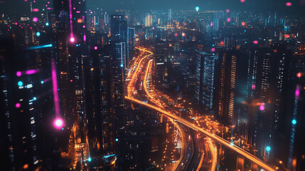 Fototapeta premium Smart digital Innovation city with connection network reciprocity over the cityscape. of future smart wireless digital city and social media networking systems that connects people with in city