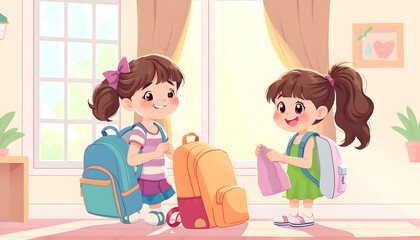 Adorable Schoolgirls Ready for Class:  Backpacks Packed, Smiles Bright!