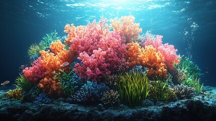 Vibrant underwater coral reef teeming with marine life and colorful sea flora