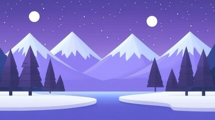Serene Winter Landscape with Mountains and Starry Night Sky in Purple Hues