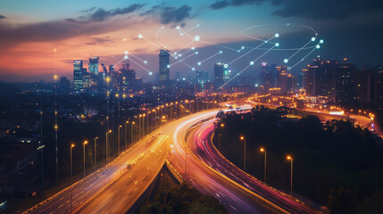 Smart digital Innovation city with connection network reciprocity over the cityscape. of future smart wireless digital city and social media networking systems that connects people with in city