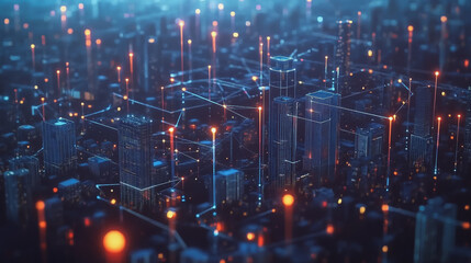 Fototapeta premium Smart digital Innovation city with connection network reciprocity over the cityscape. of future smart wireless digital city and social media networking systems that connects people with in city