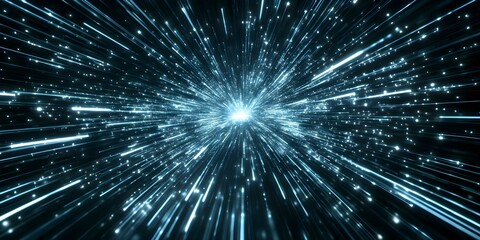 A visually striking representation of light beams radiating outward, creating a sense of depth and motion, resembling a cosmic explosion. Concept Cosmic Light Beams, Depth and Motion