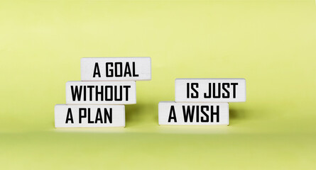 Inspiring Motivational Quote - A goal without a plan is just a wish on wooden blocks on a yellow background