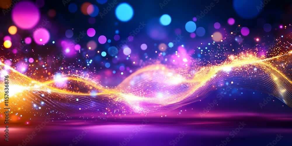 Poster a colorful, abstract background with vibrant lights and flowing waves, creating a dynamic, energetic