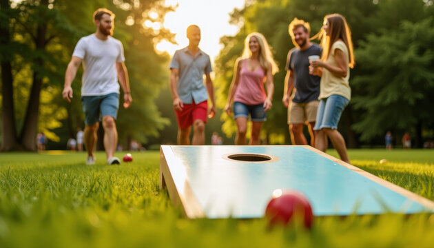 Friends Enjoying a Cornhole Game in the Park