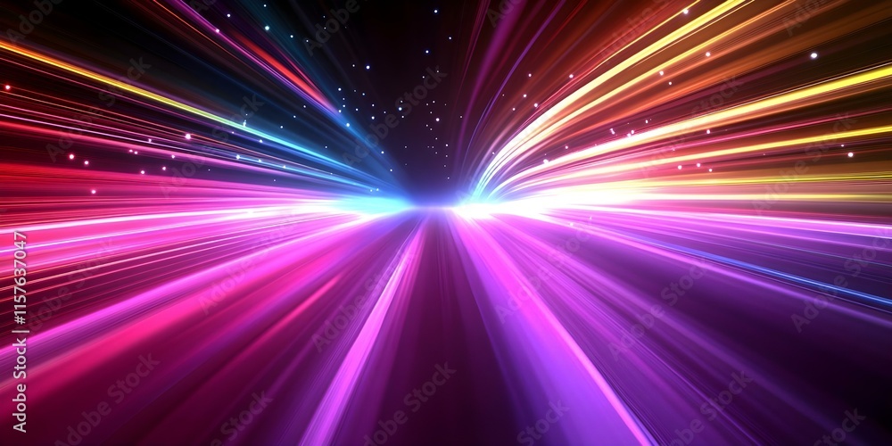 Poster a vibrant abstract representation of light streaks moving rapidly through a dark space, creating a s