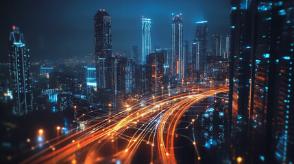 Fototapeta premium Smart digital Innovation city with connection network reciprocity over the cityscape. of future smart wireless digital city and social media networking systems that connects people with in city