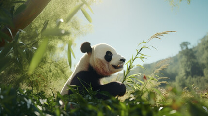Giant Panda Eating Bamboo in Forest