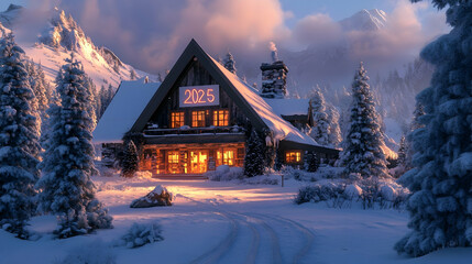 A quiet mountain lodge with snow-covered pine trees, warm glowing windows and A vibrant text 2025 on a banner at the entrance