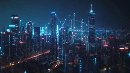 Obraz premium Smart digital Innovation city with connection network reciprocity over the cityscape. of future smart wireless digital city and social media networking systems that connects people with in city