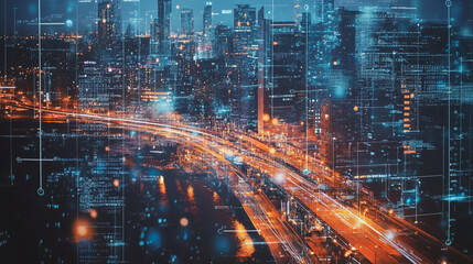 Fototapeta premium Smart digital Innovation city with connection network reciprocity over the cityscape. of future smart wireless digital city and social media networking systems that connects people with in city