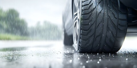 A close-up view of a car tire on wet pavement, highlighting the tread pattern and raindrops around it. Concept Close-up Photography, Car Tire Tread, Wet Pavement, Raindrop Details