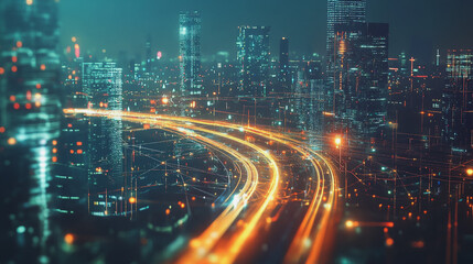 Fototapeta premium Smart digital Innovation city with connection network reciprocity over the cityscape. of future smart wireless digital city and social media networking systems that connects people with in city