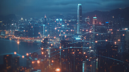 Smart digital Innovation city with connection network reciprocity over the cityscape. of future smart wireless digital city and social media networking systems that connects people with in city