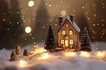 Fototapeta premium Minimal small snowy cottage glowing warmly surrounded with pine trees and soft lights