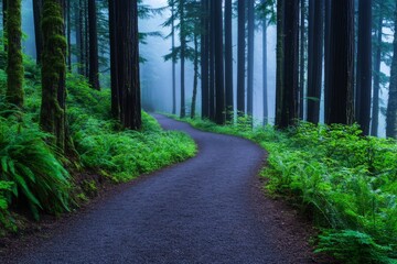 Naklejka premium Winding Forest Path in Mist - Serene, misty forest, winding path, lush greenery, tranquil nature. Symbolizes peace, journey, mystery, growth, and exploration.