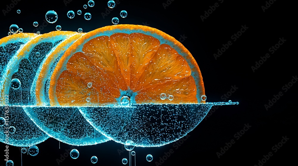 Poster sliced oranges submerged in sparkling water.