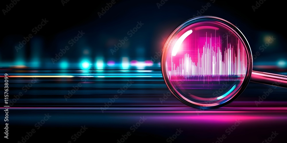 Poster a magnifying glass focusing on vibrant sound wave patterns against a dark, illuminated background. c