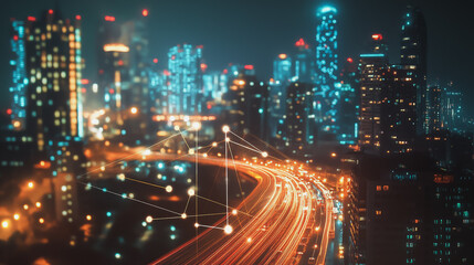 Fototapeta premium Smart digital Innovation city with connection network reciprocity over the cityscape. of future smart wireless digital city and social media networking systems that connects people with in city