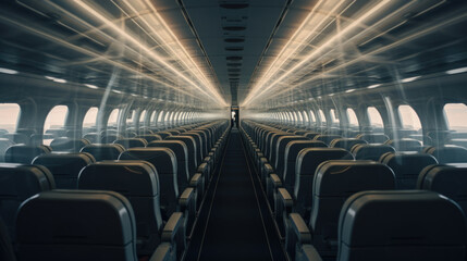 Fototapeta premium Empty Airplane Cabin Aisle Perspective