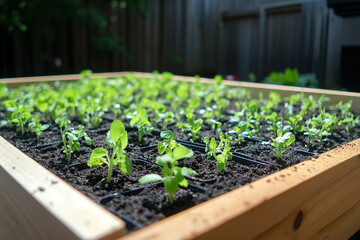 Wooden planter box with young green seedlings in fresh soil in a backyard