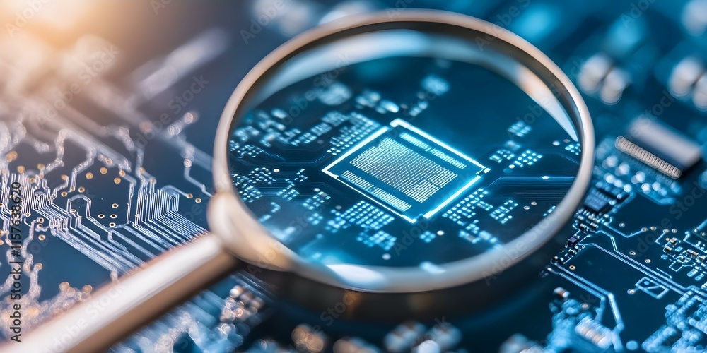 Poster a close-up view of a microchip on a circuit board, highlighted under a magnifying glass, showcasing 