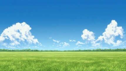 Obraz premium Vibrant Blue Sky and Lush Green Field with Fluffy White Clouds