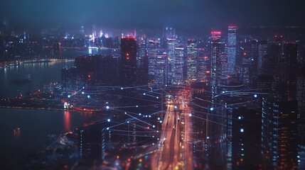 Fototapeta premium Smart digital Innovation city with connection network reciprocity over the cityscape. of future smart wireless digital city and social media networking systems that connects people with in city