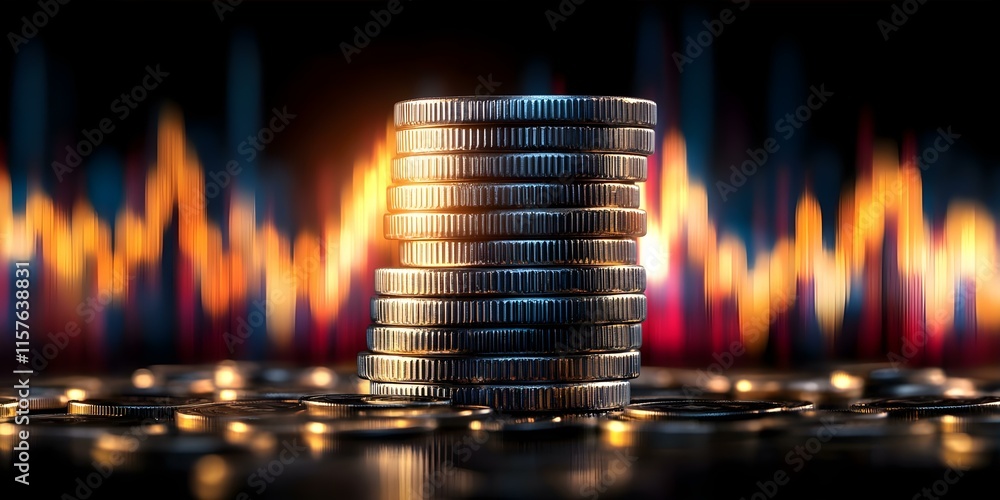 Poster a stack of coins with a colorful abstract background, likely representing finance or investment them