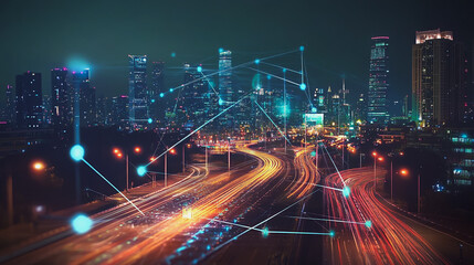 Smart digital Innovation city with connection network reciprocity over the cityscape. of future smart wireless digital city and social media networking systems that connects people with in city