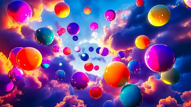 A surreal scene captures colorful bubbles drifting through a bright sky filled with vibrant clouds. The playful atmosphere suggests whimsy and creativity, evoking a dreamlike quality.