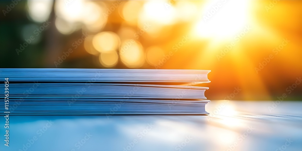 Aufkleber a stack of books resting on a surface, illuminated by warm sunlight creating a soft, bokeh backgroun