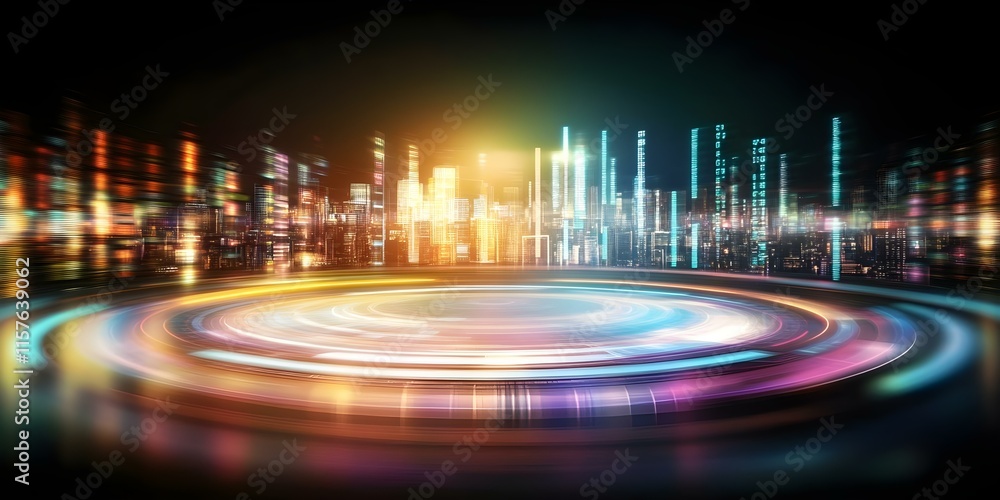 Poster a vibrant, futuristic city skyline with illuminated buildings and a circular light pattern in the fo