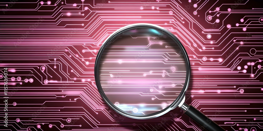 Poster a magnifying glass focuses on intricate circuit board patterns and designs, highlighting technology 