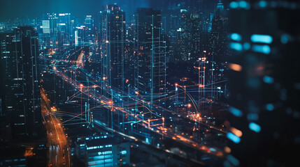 Obraz premium Smart digital Innovation city with connection network reciprocity over the cityscape. of future smart wireless digital city and social media networking systems that connects people with in city