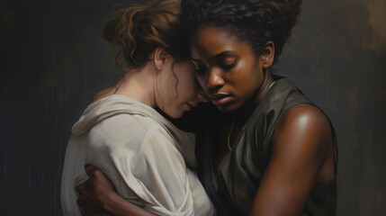 Compassionate Embrace Between Two Women in Artwork