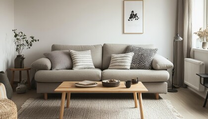 Cozy Living Room Interior Design Neutral Sofa Wooden Coffee Table and Textured Pillows