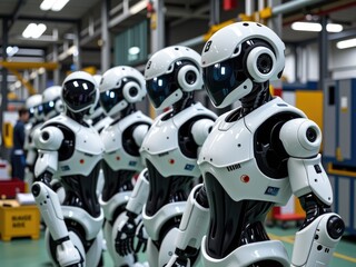 Fototapeta premium Futuristic Robots in Factory AI Automation Technology Industry 4 0