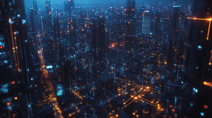 Obraz premium Smart digital Innovation city with connection network reciprocity over the cityscape. of future smart wireless digital city and social media networking systems that connects people with in city