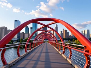 Obraz premium Modern Red Pedestrian Bridge Cityscape Skyline Architecture