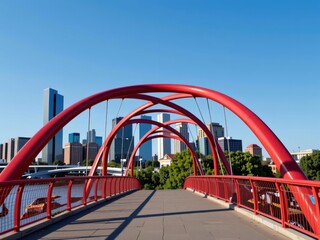 Obraz premium Modern Red Pedestrian Bridge Cityscape Skyline Urban Architecture