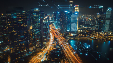 Naklejka premium Smart digital Innovation city with connection network reciprocity over the cityscape. of future smart wireless digital city and social media networking systems that connects people with in city