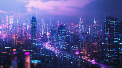 Smart digital Innovation city with connection network reciprocity over the cityscape. of future smart wireless digital city and social media networking systems that connects people with in city