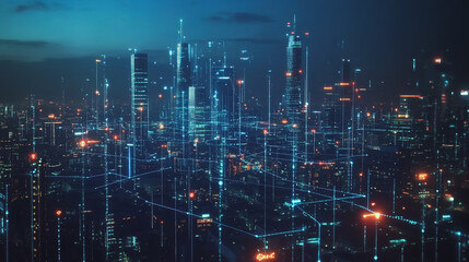 Fototapeta premium Smart digital Innovation city with connection network reciprocity over the cityscape. of future smart wireless digital city and social media networking systems that connects people with in city