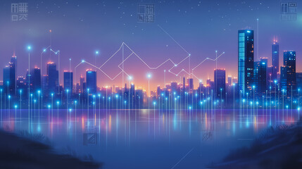 Obraz premium Smart digital Innovation city with connection network reciprocity over the cityscape. of future smart wireless digital city and social media networking systems that connects people with in city