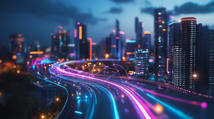 Fototapeta premium Smart digital Innovation city with connection network reciprocity over the cityscape. of future smart wireless digital city and social media networking systems that connects people with in city