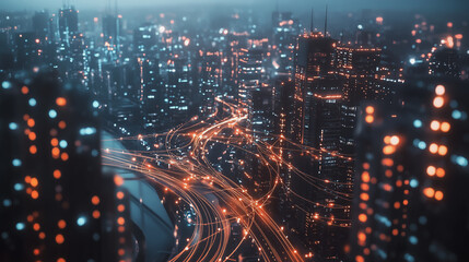 Obraz premium Smart digital Innovation city with connection network reciprocity over the cityscape. of future smart wireless digital city and social media networking systems that connects people with in city